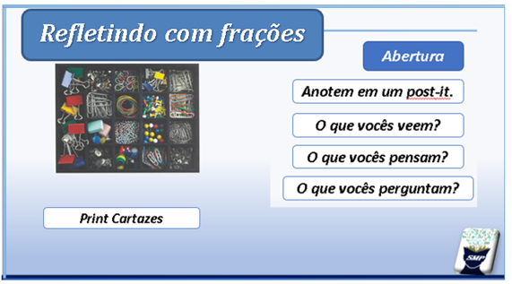 Em um bloco de fundo azulado, está em destaque o escrito "Refletindo com frações" e, logo abaixo, uma imagem de uma bandeja retangular com divisórias idênticas, contendo clipes, gominhas e percevejos, totalizando 20 quadrados internos e iguais. Log abaixo está escrito "print Cartazes" e, na direita da imagem, escritos, um abaixo do outro: "Abertura; Anotem em um post-it; O que vocês veem?; O que vocês pensam?; O que vocês perguntam?".